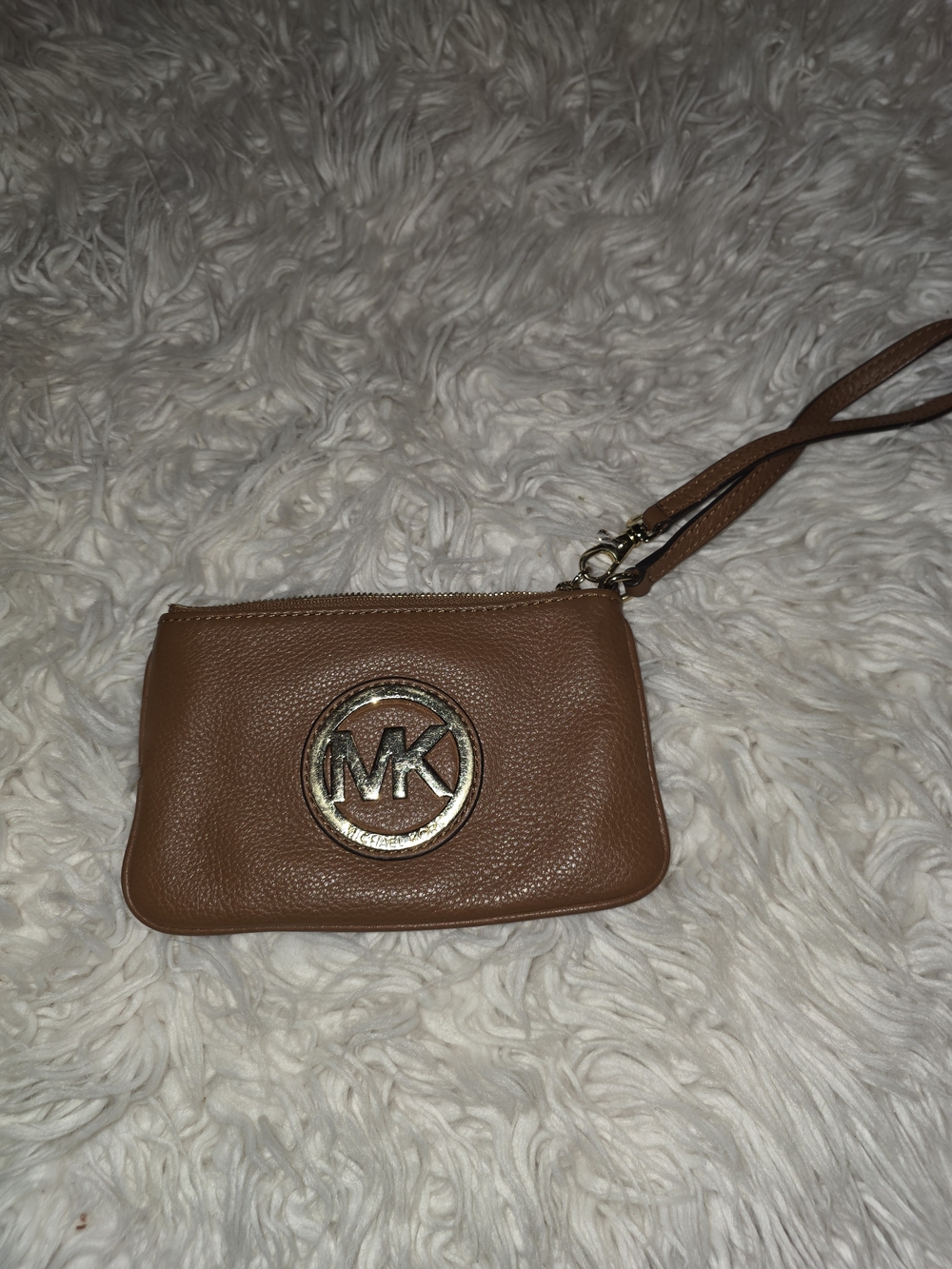 Michael Kors Tan Leather Wristlet with Gold MK Emblem